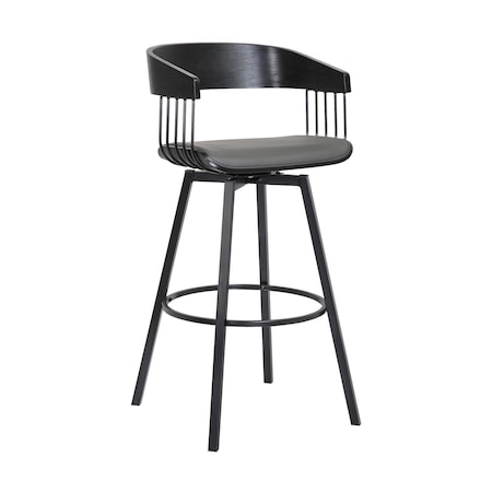 Armen Living Athena 31" Swivel Black Wood Bar Stool in Gray Faux Leather with Black Metal LCATBABLKGRY30